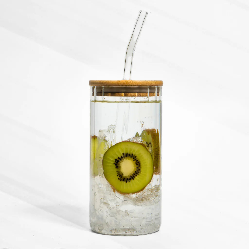 Glass Jar & Bamboo Lid with Straw